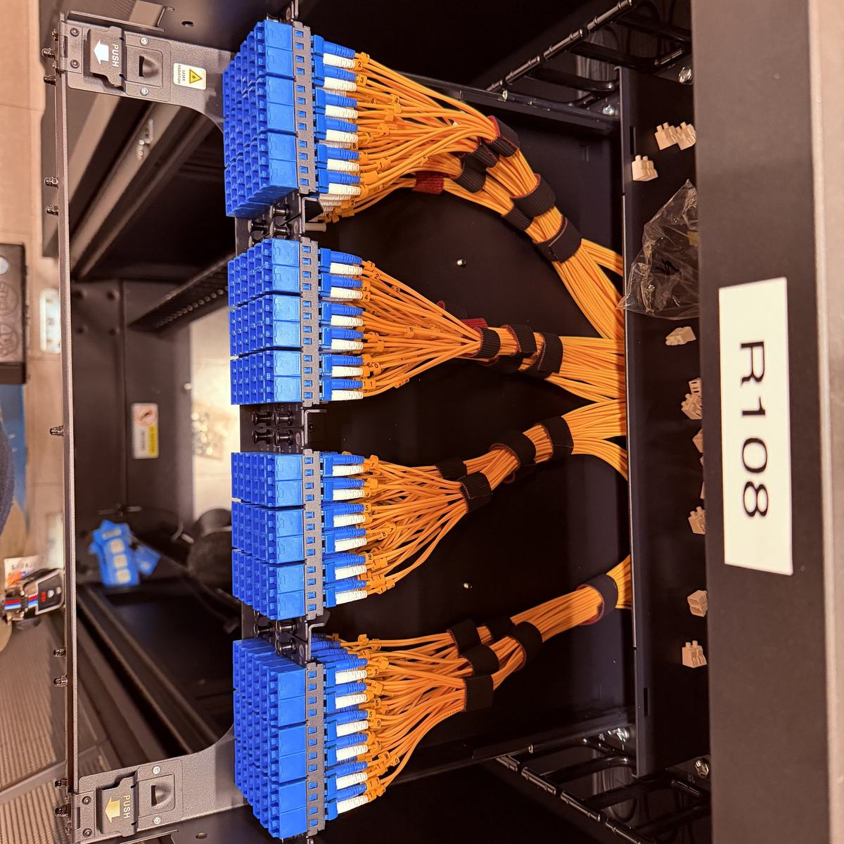 LC-LC single-mode cassettes dressed and labeled in a rack